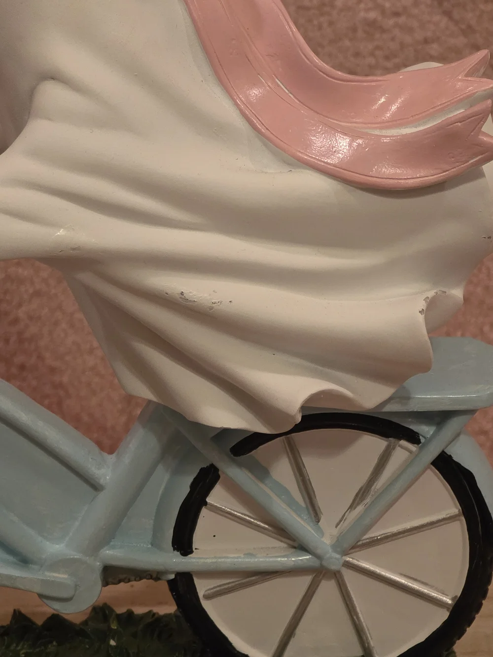 Pink Bow Ghost on Blue Bicycle Figurine with Flower Basket